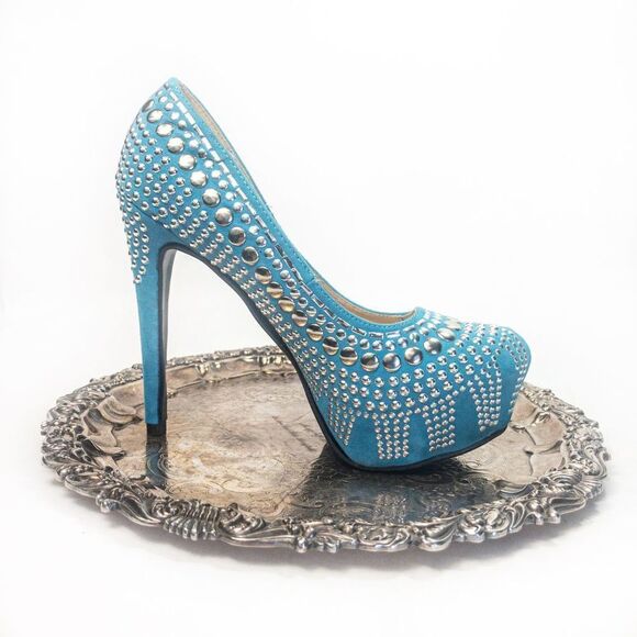 Two Lips Studlee Blue Studded Platform Heels Sz 6.5M - Picture 2 of 10